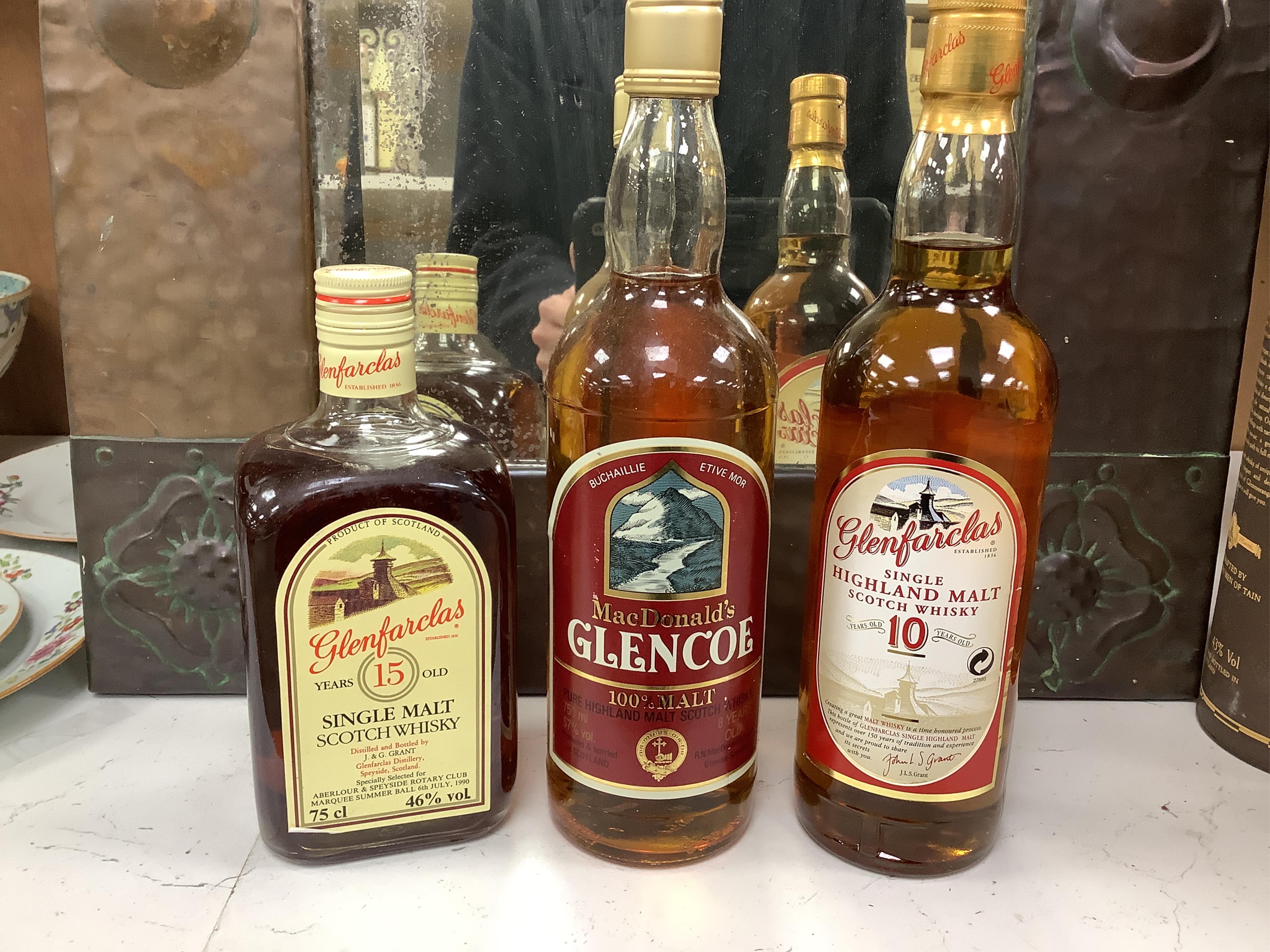 A group of ten bottles of Scotch Whisky; Glenfiddich Pure Malt Special Reserve 1 litre x2, Glenmorangie ten year 1litre, Glenlivet 12 year 70cl, Macdonalds Glencoe 8 year 70cl, The Famouse Grouse 10 year 70cl, John Hopki